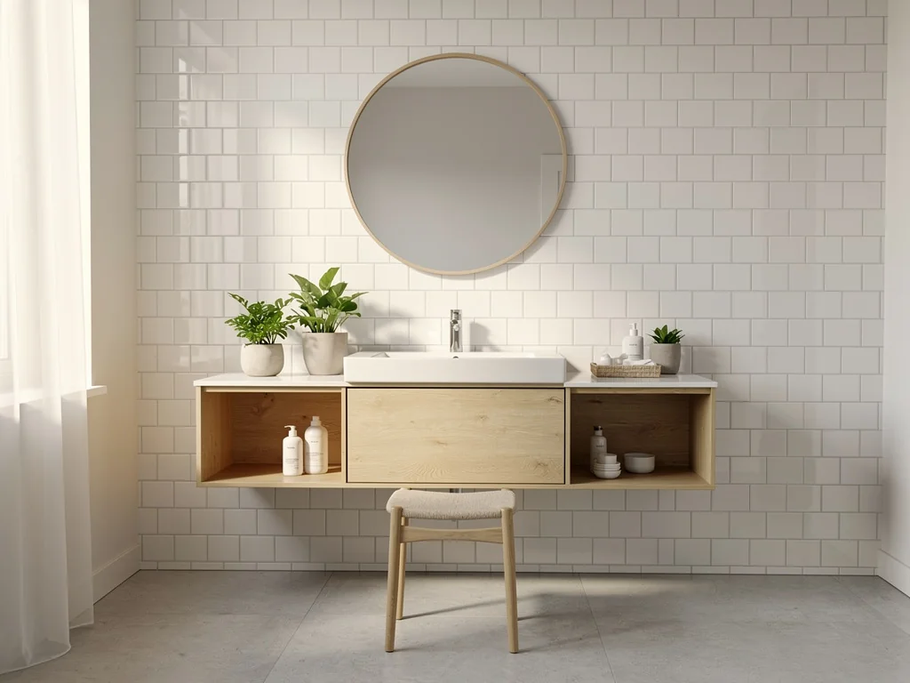 Salle de bain bois clair, faïence métro blanche et miroir rond