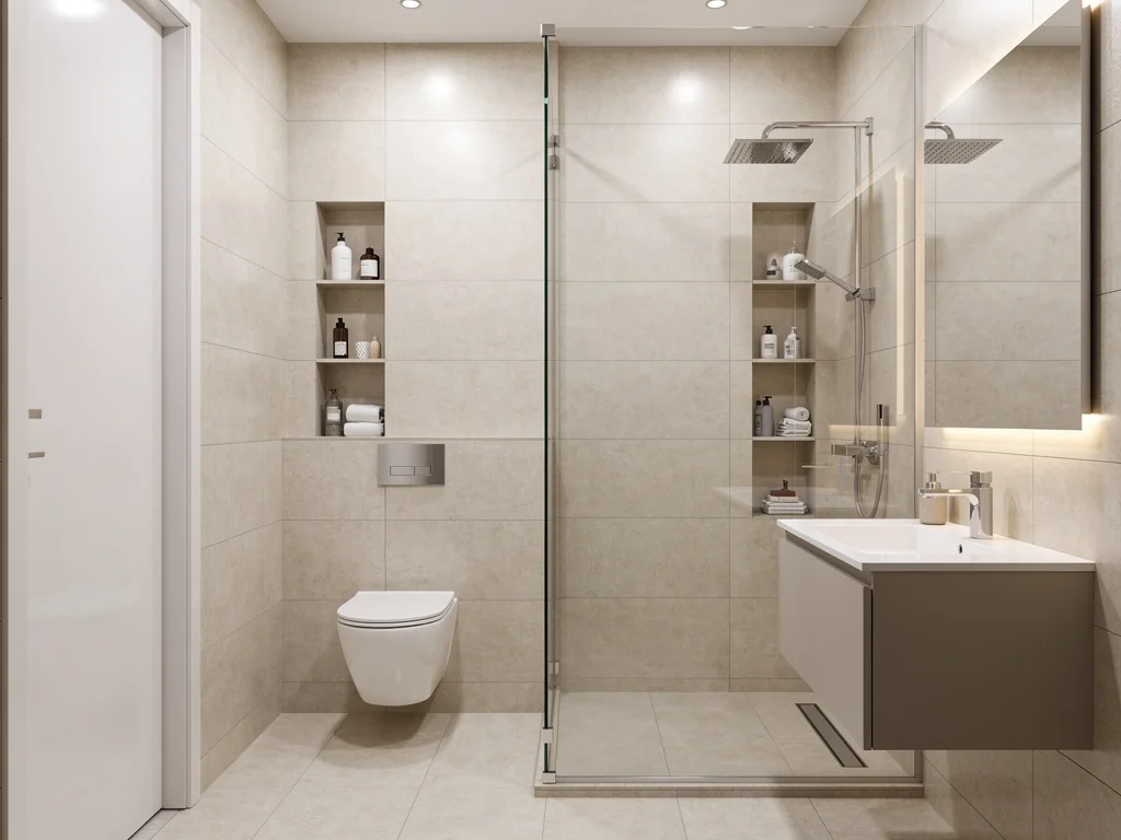 Petite salle de bain optimisée avec douche, WC suspendu et niches de rangement
